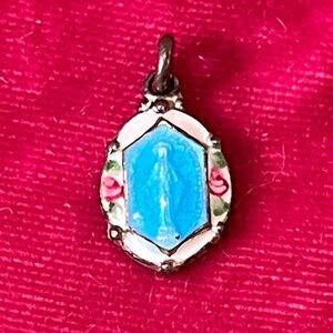 Antique Art Deco Virgin Mary Blue Guilloche Handpainted Rose Enamel Mini Charm